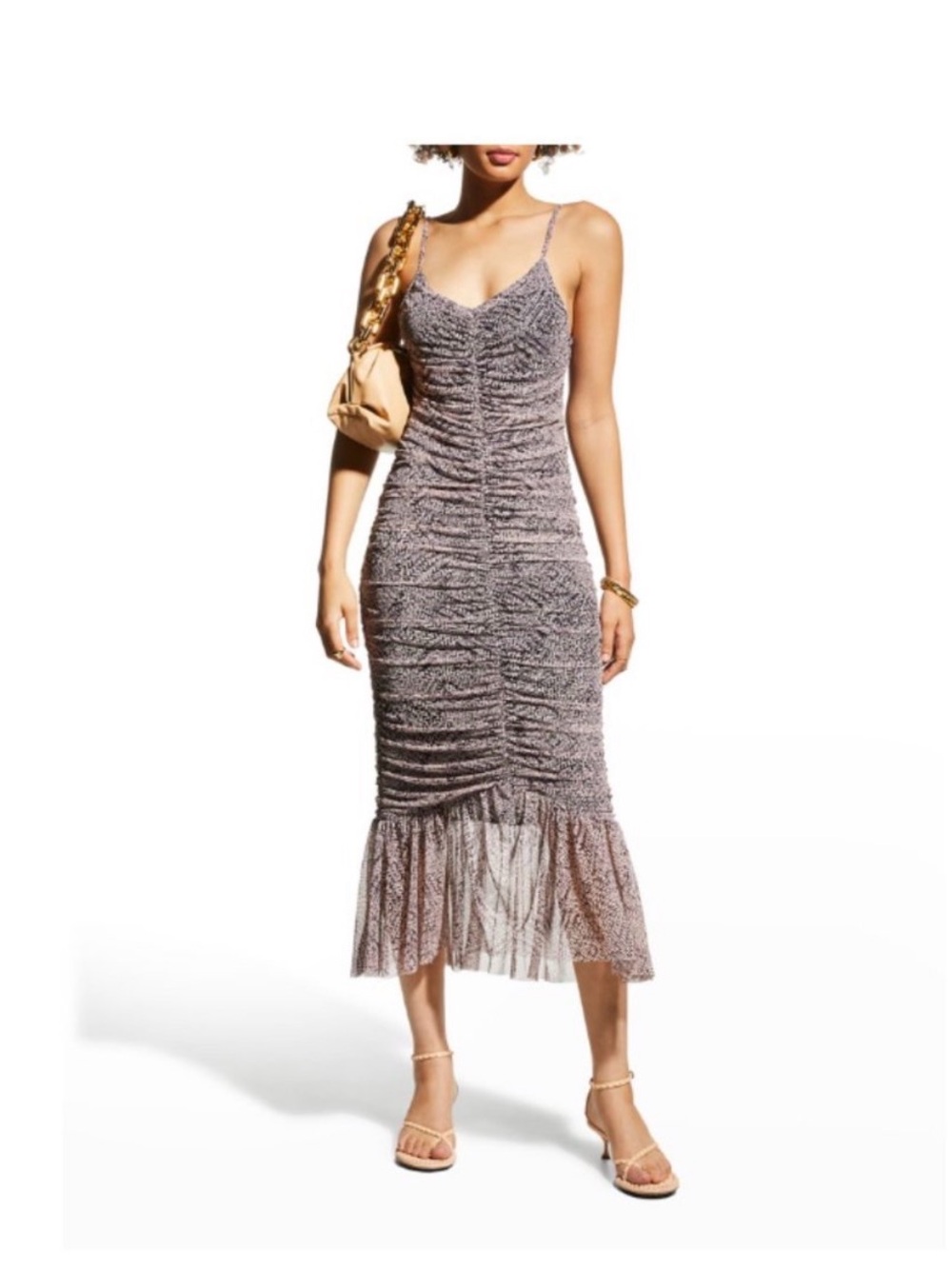 Misa Los Angeles Ruched Midi Slip Dress with Sheer Ruffle Hem